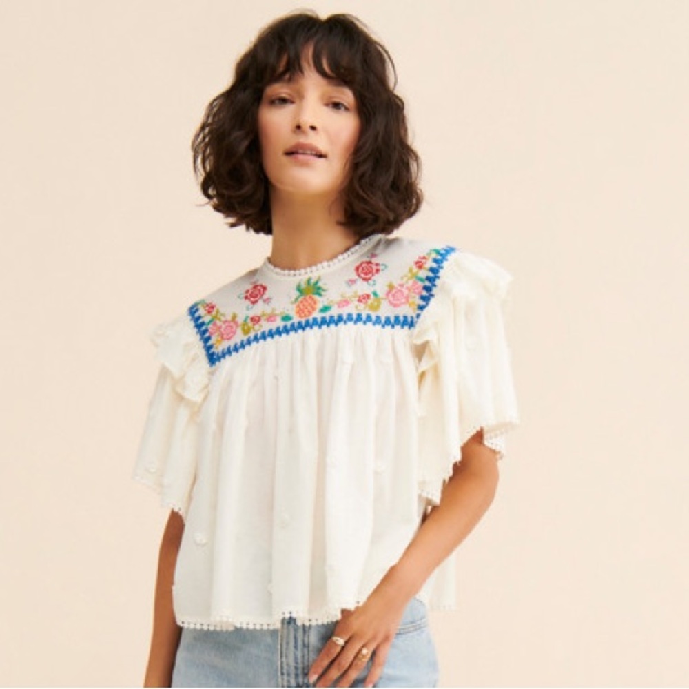 FARM Rio Cream Flutter Sleeve Blouse with Colorful Floral Embroidery